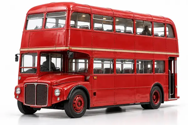 A red double-decker bus transformed into a detailed miniature 3D model, isolated on a bright white background.