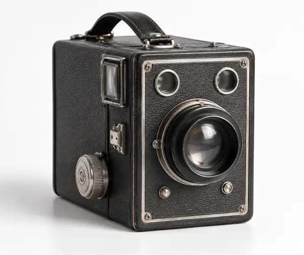 A vintage dark-gray box camera as a dimensional miniature with a prominent lens, isolated on white.