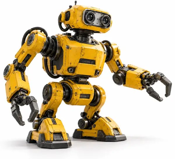 A yellow and graphite mechanical robot miniature with articulated arms, isolated on white.