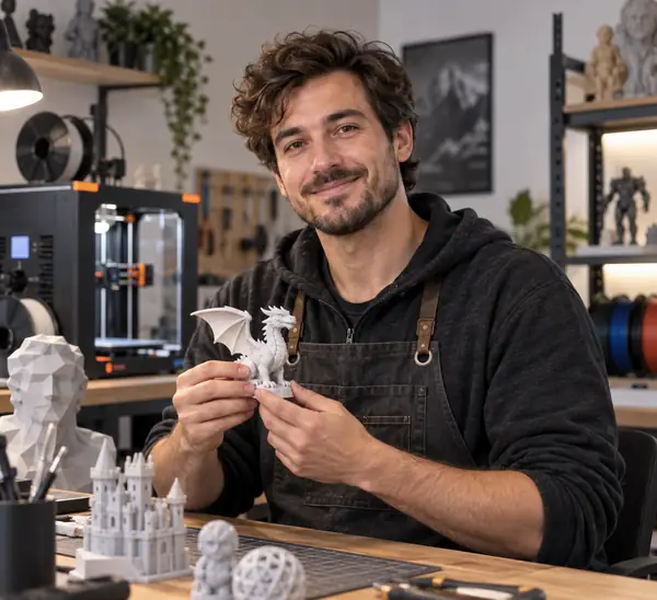 Portrait of a fictional 3D printing specialist in a contemporary workshop, neutral background and friendly expression.
