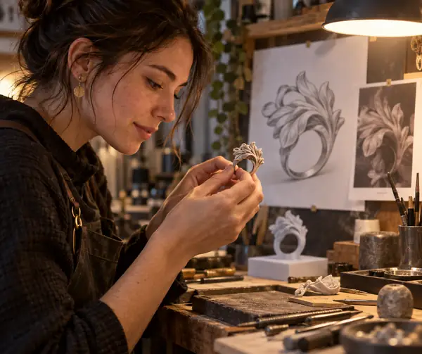Portrait of a fictional jewelry artist at a workbench, framed closely in warm studio light.