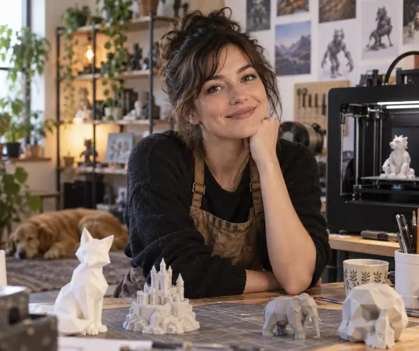 Portrait of a fictional independent maker smiling in a softly lit creative studio.
