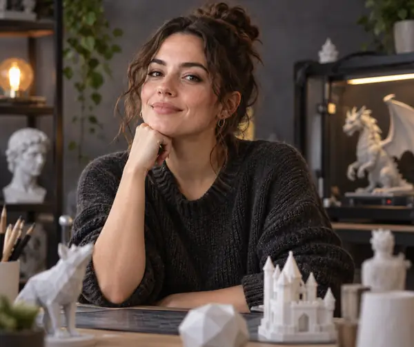 Portrait of a fictional creative marketer against a muted studio backdrop, with a relaxed professional expression.