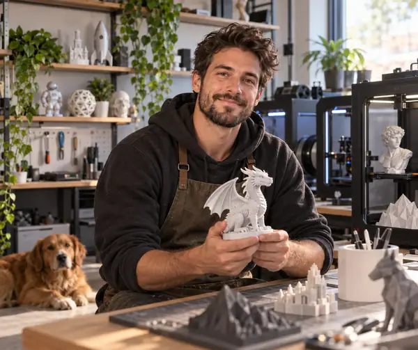 Portrait of a fictional 3D print shop owner in a tidy maker space with soft, natural lighting.