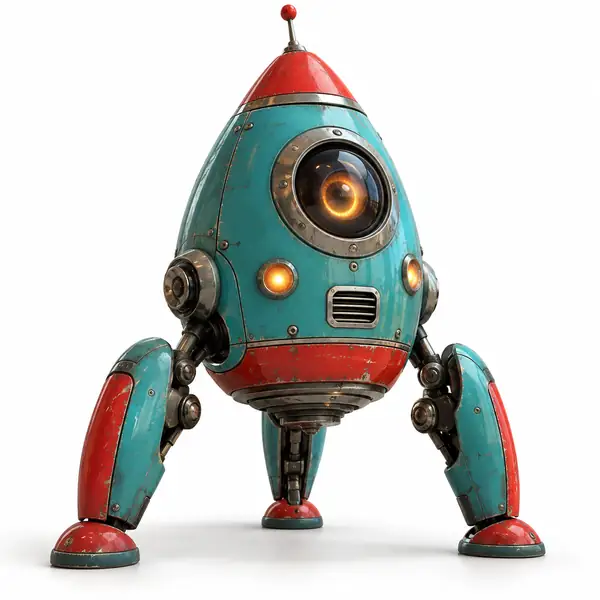 A playful teal and red three-legged rocket robot model, shown against a clean white background.
