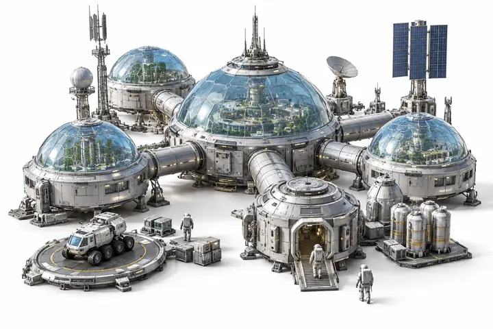 A detailed silver science-fiction space colony model with pale blue domes, isolated against a clean white studio background.