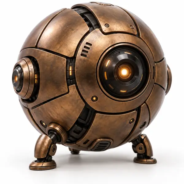 A bronze spherical science-fiction robot model with segmented outer panels, isolated on white.